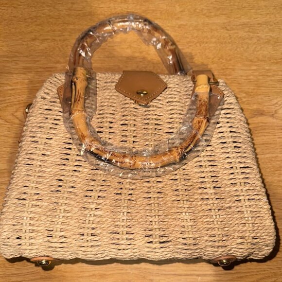 Neiman Marcus Straw Handbag with Bamboo Handle & Brown Leather Trim - Picture 3 of 4